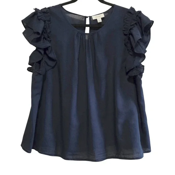 On-34th Womens Navy Blue Ruffle Flutter Sleeve Blouse Top 2X Cotton Modal Blend - Picture 1 of 9